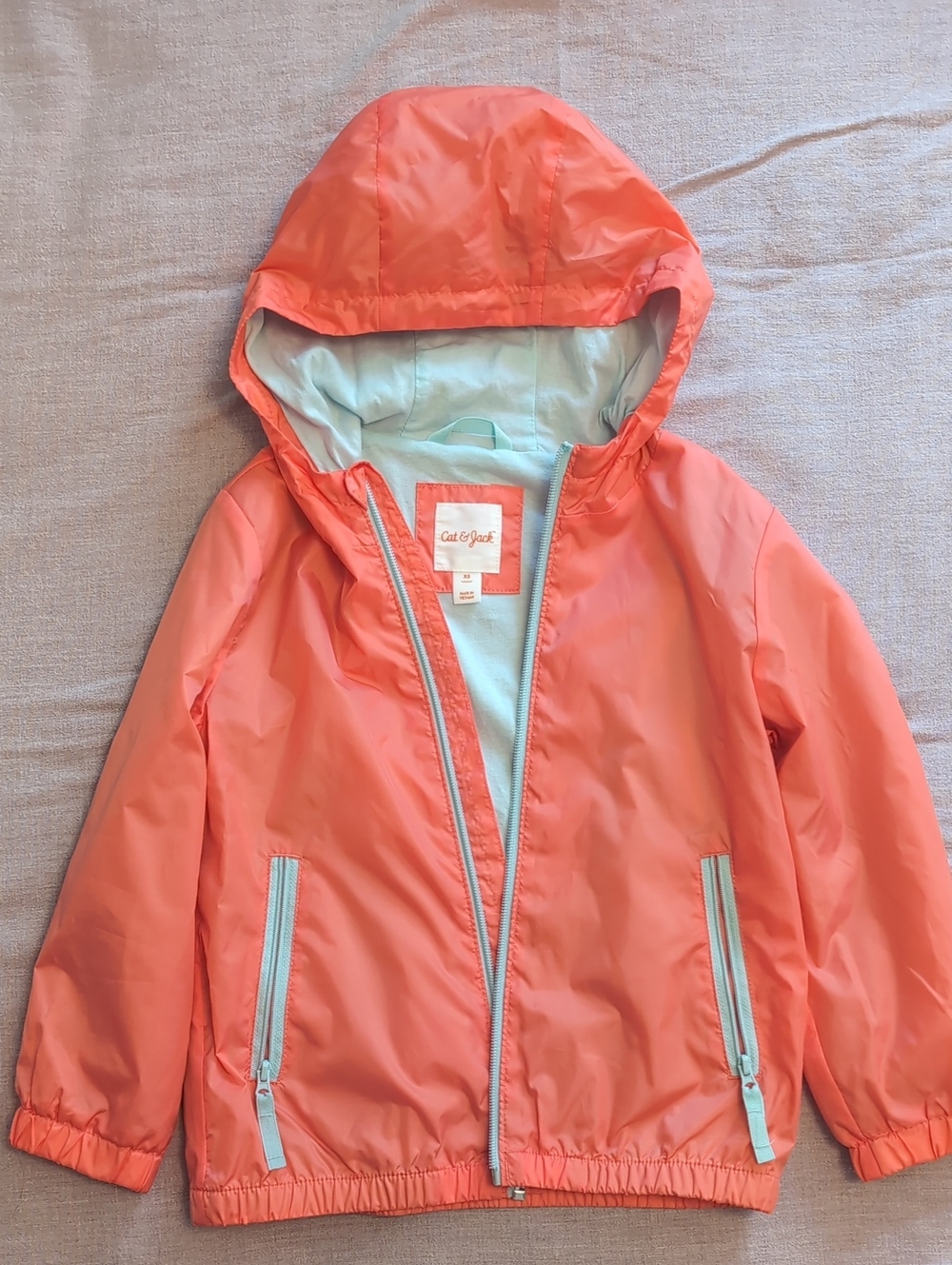 Cat & Jack Coral Hooded Rain Windbreaker with Mint Accents